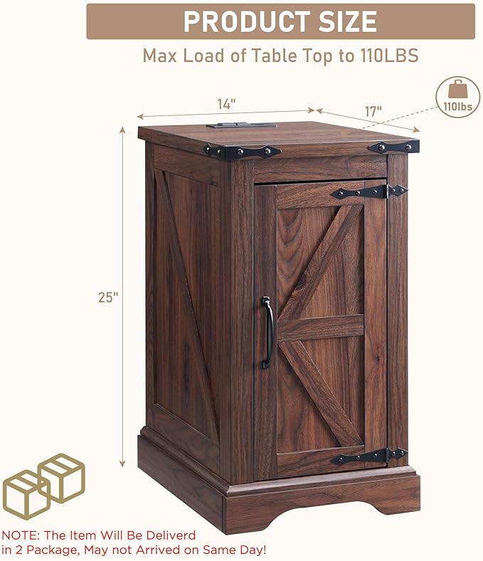 JXQTLINGMU Farmhouse Nightstand Set of 2 with Charging Station, 17" D Rectangular End Table with Barn Door & Adjustable Storage Shelf, Wood Rustic Sofa Side Table for Living Room, Bedroom, Brown