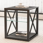 Farmhouse End Table Set of 2, Modern Side Table with 3-Tier Storage Shelf, Square Rustic Nightstand, Accent Tea Table, for Bedroom Office Living Room, Grey, Natural Wood, Glass, Metal