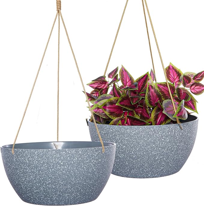 12 Inch 2 Pack Large Hanging Planters for Indoor Outdoor Plants, Plastic Hanging Basket Pots for House Plants Flowers, Grey