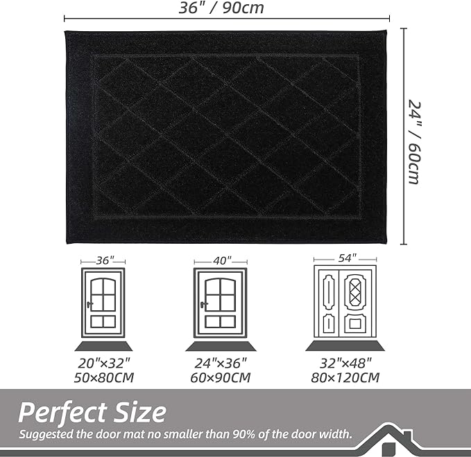 BEQHAUSE Dirt Trapper Door Mat 24" x 36", Doormat Non-Slip Entryway Rugs Washable, Dog Door Mat Stain Resistant and Absorbent Welcome Floor Mat for Front Back Door, Muddy Wet Shoes & Paws, Black