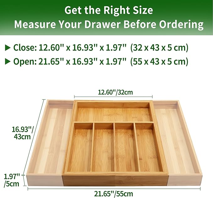 VaeFae Premium Bamboo Drawer Organizer, Expandable Silverware Drawer Organizer, Cutlery Tray with Dividers for Kitchen Utensils (Natural, Large)