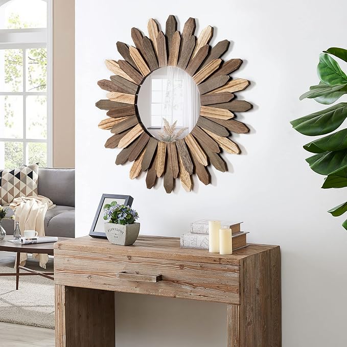 Honiway Boho Wall Decor 21 inch Wall Mirror Rustic Wood Decorative Mirror for Room Decor Rustic Home Decor Farmhouse Wall Decor at Living Room Bedroom Bathroom Hallway Trilcolor