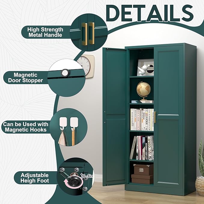 71" Storage Cabinet, Metal Pantry Cabinet, Kitchen Pantry Storage Cabinets with Doors and 4 Shelves, Cabinets for Laundry Room, Living Room, Dinning Room, Assembly Required, Green