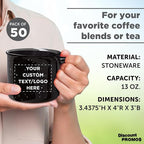 DISCOUNT PROMOS Custom Ceramic Campfire Coffee Mugs 13 oz. Set of 50, Personalized Bulk Pack - Perfect for Tea, Espresso, Cappuccino, Hot Cocoa - Black