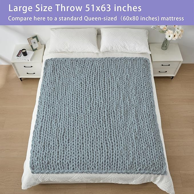 Bigacogo Chunky Knit Throw Blanket for Couch, 51x63 inches, 100% Hand Knitted with Thick Jumbo Chenille Yarn, Cozy Soft Large Rope Knot Cable Crochet Blankets for Sofa Bed Living Room, Dusty Blue