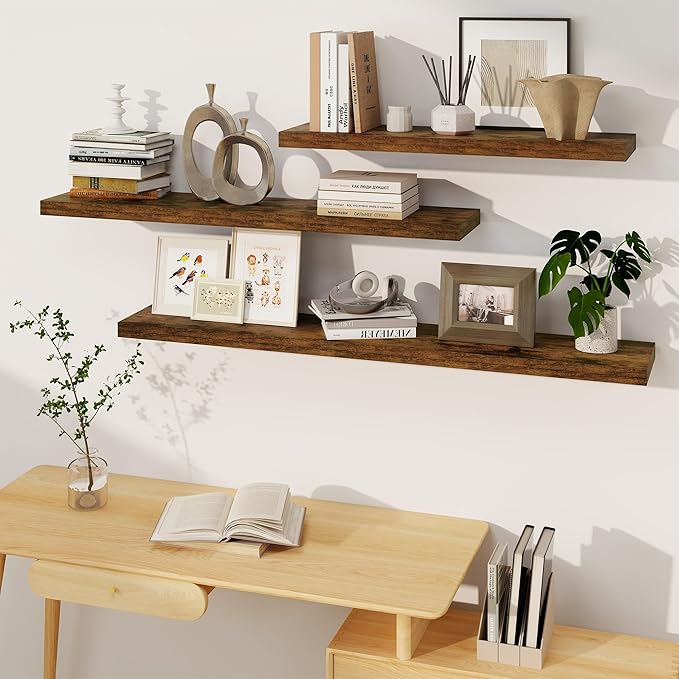 Fun Memories Floating Shelves, 8 Inch Deep Floating Shelves, Rustic Wood Fireplace Mantel 48 in Long, 48 x 8 Floating Wall Shelves for Living Room, Kitchen, Bedroom, Rustic Brown, 1 Pack