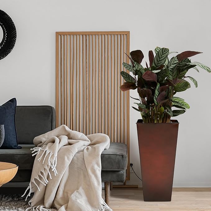 WORTH Garden 25" Large Metal Glazed Planter Set of 2, Luxurious Glossy Finish Red Tall Square Tapered Steel Plant Pots, Decor Flower Pot Indoor & Outdoor, Drainage Hole & Dual-Purpose Plant Saucer