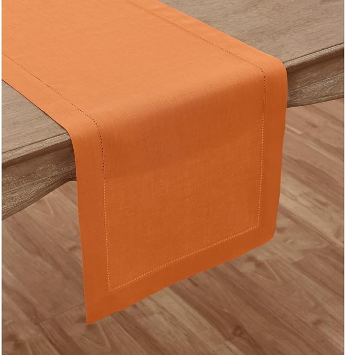 Solino Home Linen Pumpkin Table Runner 144 Inches Long - 100% Pure Linen Extra Long Table Runner 14 x 144 Inch - Classic Hemstitch - Fall, Autumn, Halloween, Thanksgiving
