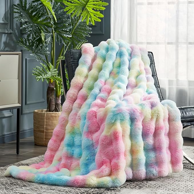 Cozy Bliss Faux Fur Throw Blanket for Couch, Fuzzy Soft Plush Thick Bubble Blanket for Sofa Bedroom Living Room,50 * 60 Inches Tie-dye Rainbow