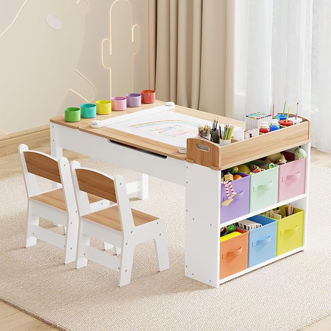 Kids Art Table and Chair - Toddler Craft Table and Chairs Set with 2 Chair & Bins, Kids Activity Desk with Paper Roll for Playrooms & Classroom, 44" L x 24" W, Natural