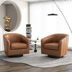 Swivel Barrel Accent Chair, Modern Round Faux Leather Arm Chair for Living Room, Bedroom, Comfy Club Reading Chairs for Adults-Faux Leather, Brown, Set of 1