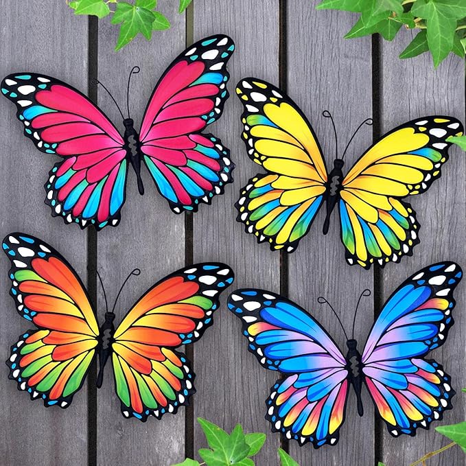Oraytteo Metal Butterfly Wall Outdoor Decor - 4pcs 9.8inch Hanging Butterflies Wall Art Sculptures for Indoor and Outdoor Fence Patio Yard Home Wall Decorations, Gift for Mom Dad Friends