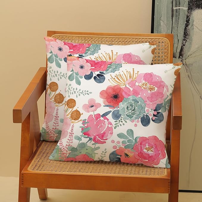 CXMEIFLY Spring Floral Pillow Covers 16 x 16 Inch Set of 2 for Watercolor Pink Flowers Decor Throw Pillows Green Leaves Plant Outdoor Decorative Cushion Cases with Zipper for Couch Bed Decorations