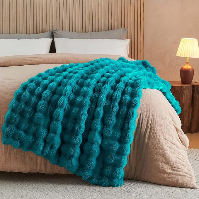 Lotus Karen Faux Fur Throw Blanket Teal - Big Bubble Rabbit Fluff Blanket for Couch Bed Sofa,Softest Fluffy Fuzzy Cozy Blanket,Thick Furry Plush Shaggy Warm Blankets for Women,90x90 Inches