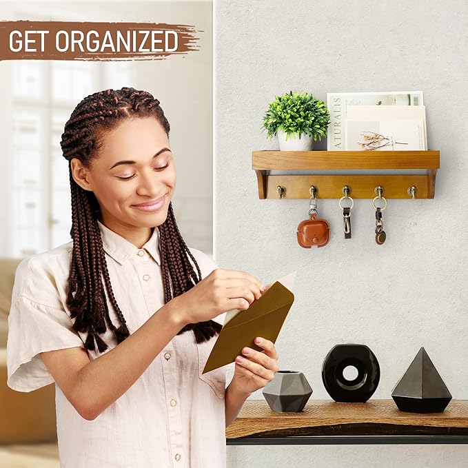 Rebee Vision Decorative Key Holder for Wall with Shelf: Farmhouse Mail Rack with 5 Sturdy Key Hooks for Home Decor, Apartment, Entryway and Hallway (Light Brown)