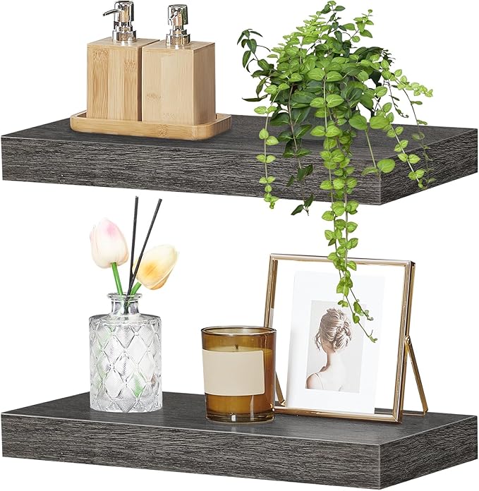 HOOBRO Floating Shelves for Wall, Wall Mounted Shelf Set of 2, 15.7" Hanging Shelf with Invisible Brackets, for Wall in Bathroom, Bedroom, Toilet, Kitchen, Living Room, Office, Charcoal Gray BC40BJ01