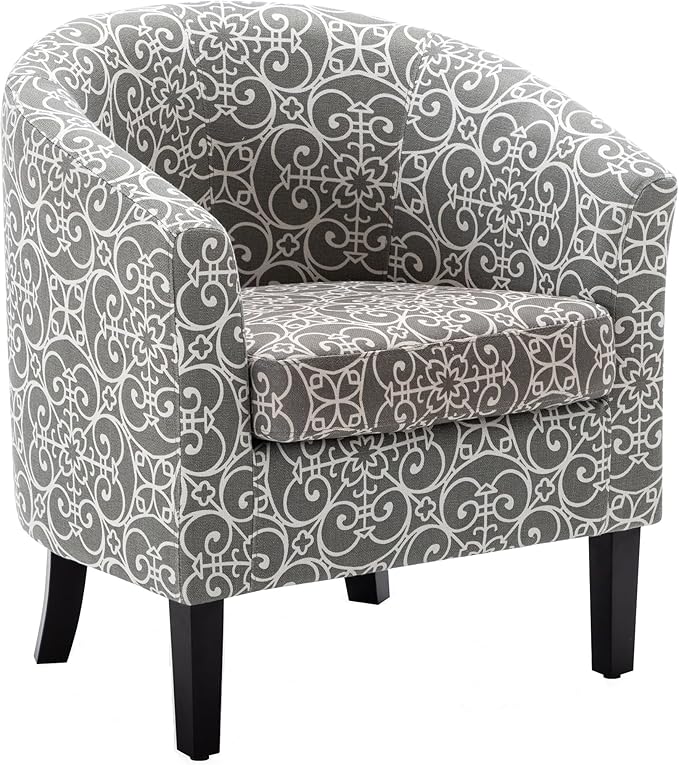 BELLEZE Accent Barrel Chair, Linen Round Chair Club Tub Sofa Corner Chair with Flared Legs and Cozy Soft Padding for Living Room Bedroom Waiting Room - White & Gray