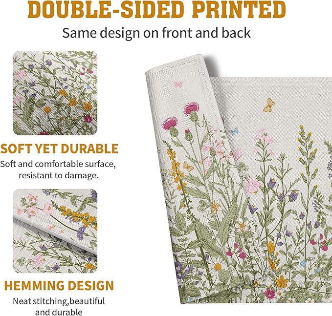 Rustic Wildflower Floral Placemats Set of 4 Spring Summer Vintage Flowers Plants Herbs Linen Table Mats 12x18 Inch Seasonal Flower Decorative Place mats for Farmhouse Kitchen Dining Decoration