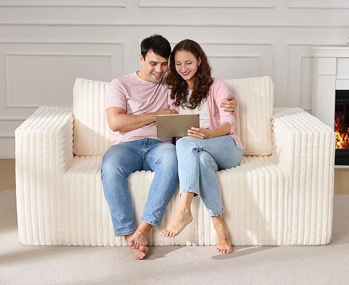 Modular Sectional Sofa 2 Seater Loveseat Modular Couch with Deep Seat Memory Foam Cloud Chair with Pillows Oversized Sectional Sofa for Living Room Bedroom (Strip White, Loveseat)