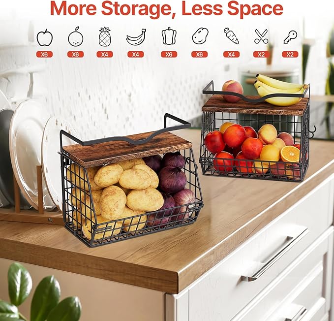 2 Pack Fruit Bowl Hanging Fruit Basket for Kitchen Counter ,Stackable Wire Baskets for Onion Storage and Potato Storage with Wood Lid,Vegetable Fruit Basket with Banana Hooks
