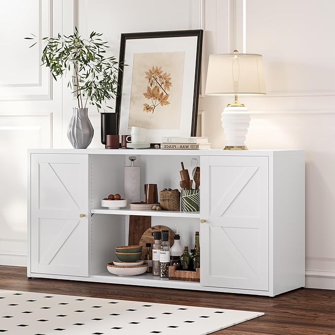 Farmhouse - Style 65 - inch Metal TV Stand: Entertainment Center with Locker, Barn - Style Doors, Adjustable Partition. Medieval Modern Media Console Table for Living Room & Bedroom (White)