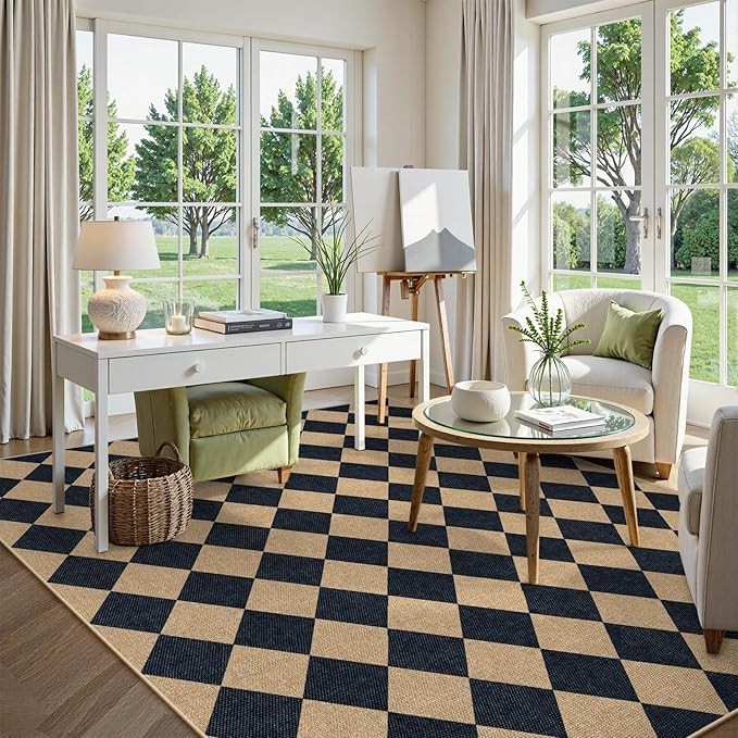 Lahome Checkered Easy Jute Area Rug 8x10, Large Living Room Patio Rug Checkerboard Indoor Outdoor Carpet, Farmhouse Geometric Non Slip Black Carpet for Backyard Dining Room