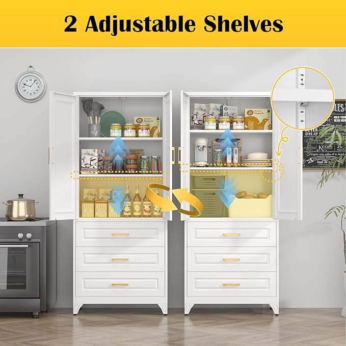 75" Kitchen Pantry Cabinet with 3 Drawer,Metal Storage Cabinets with Doors and 4 Adjustable Shelves,White Kitchen Cabinet with 2 Gold Handles,Food Cupboard for Livingroom,Pantry, Bathroom