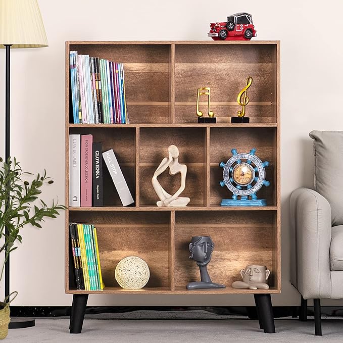 LEYAOYAO 7 Cube Bookshelf 3 Tier Modern Bookcase with Legs,Wood Book Shelves Storage Organizer Shelf,Free Standing Bookcases,Oak Display Bookshelves