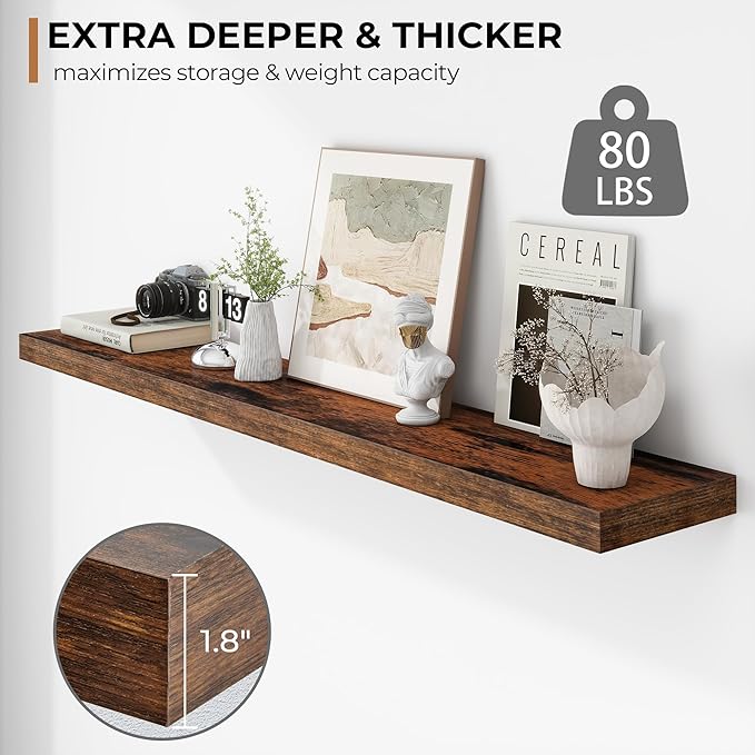 Fun Memories 55 Inch Floating Shelves - 9 Inch Deep Rustic Wooden Wall Shelves - Extra Deeper & Thicker Wall Mounted Storage Shelf for Living Room, Kitchen, Farmhouse - 55" W x 9" D x 1.8" H - Brown