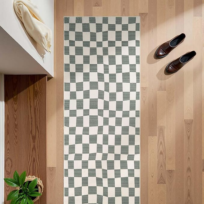 jinchan Runner Rug 2x6 Hallway Washable Modern Checkered Geometric Lattice Kids Bedroom Rug Indoor Floor Cover Non Slip Soft Carpet for Nursery Room Kitchen Laundry Room Home Grey