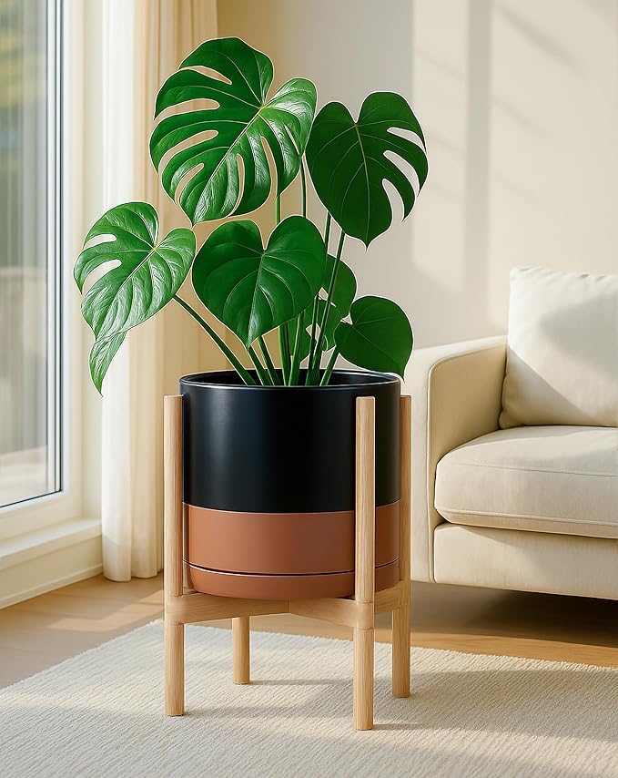 D'vine Dev Ceramic Planter with Natural Stand - 12 Inch Modern Round Flower Pot with Wood Planter Holder, Black/Speckled Tan, 55-B-J-7