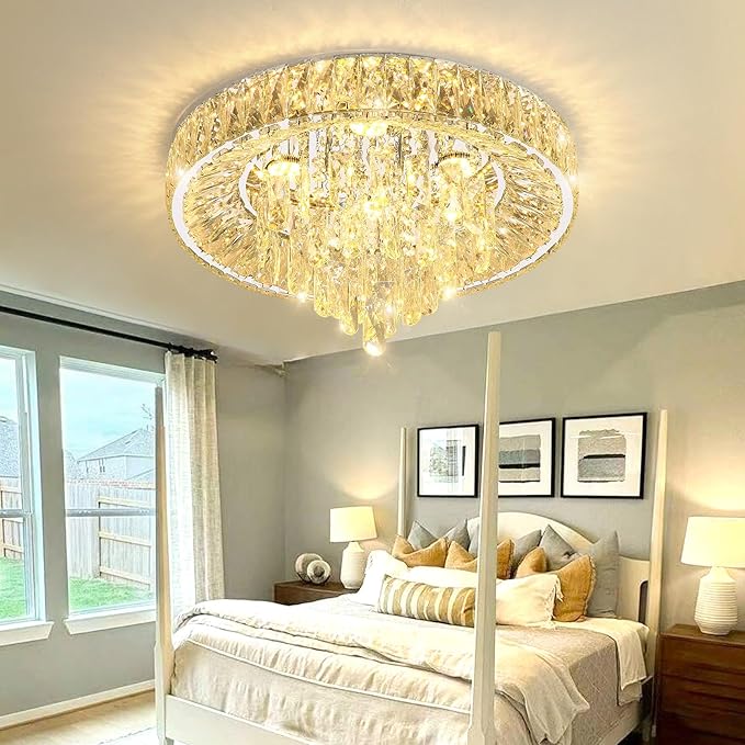 Modern Crystal Chandeliers for Dining Room LED Light Fixture Close to Ceiling Chandelier Flush Mount Ceiling Light Dimmable Lamp with Remote for Living Room Bedroom Hallway 2700K 6000K
