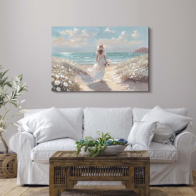 cozy country Beach Wall Art 45"x30" - Coastal Pictures Ocean Canvas Decor - Nautical Artwork Seascape Hand Painting for Girls Room, Bedroom, Sea House