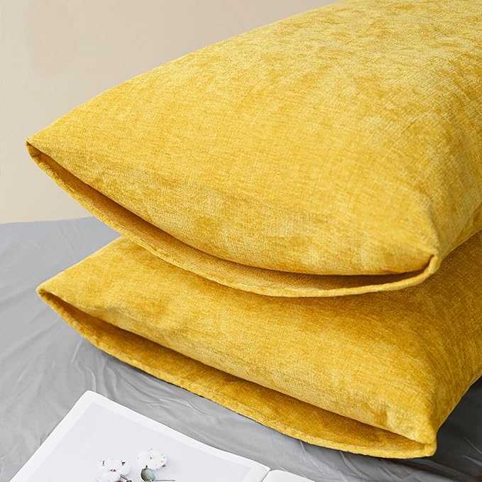 CaliTime Throw Pillow Covers Decorative 20 X 26 Inches Pack of 2 Cozy Chenille Standard Pillow Shams Cases for Couch Sofa Bed Living Room Home Mustard Yellow