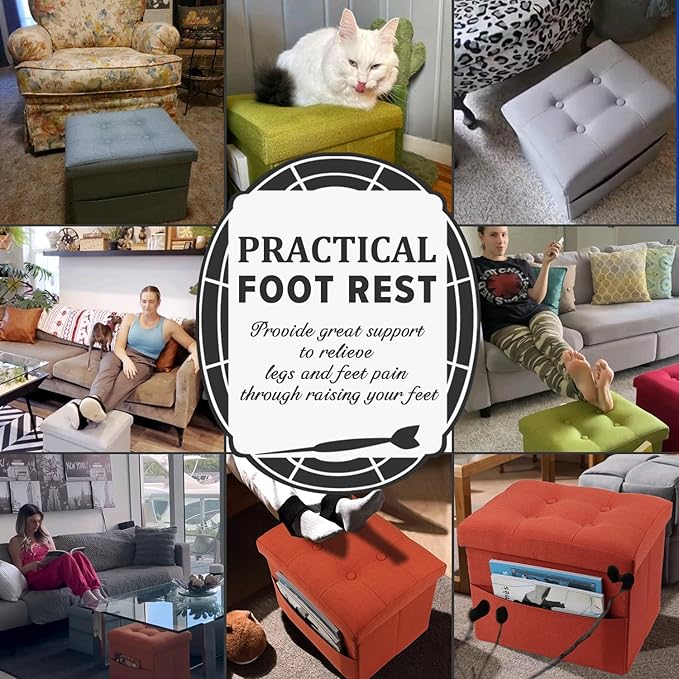 LINMAGCO Storage Ottoman Folding Foot Stool Foot Rest with Side Pocket Modern Ottoman with Storage Short Sofa Stool Linen Cloth 17x13x13(ROSEO)