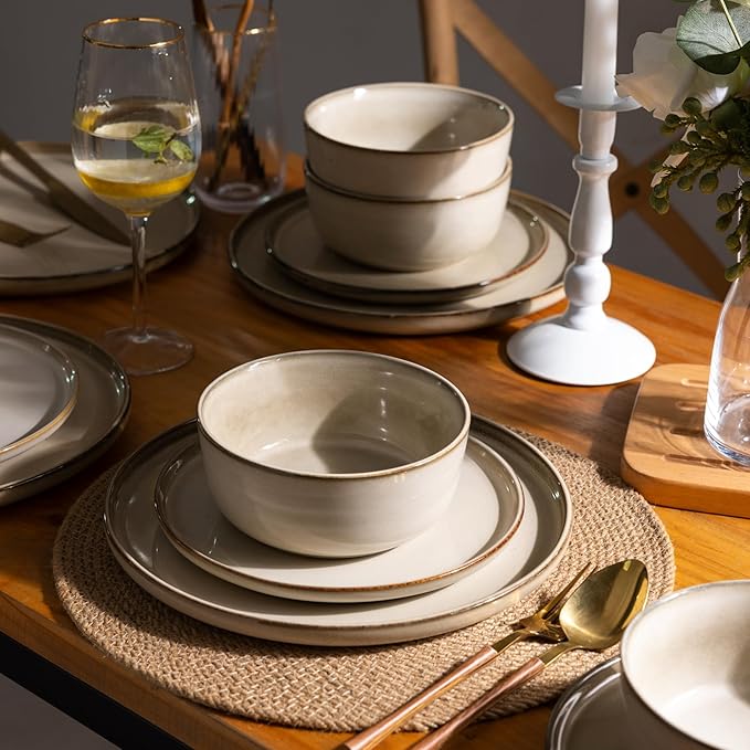 GBHOME Ceramic Dinnerware Sets for 4, 12 Pieces Stoneware Plates and Bowls Sets, Scratch Resistant Dishes, Dishwasher & Microwave Safe, Reactive Glaze-Cappuccino