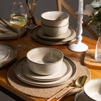 GBHOME Ceramic Dinnerware Sets for 8, 24 Pieces Stoneware Plates and Bowls Sets, Scratch Resistant Dishes, Dishwasher & Microwave Safe, Reactive Glaze-Cappuccino