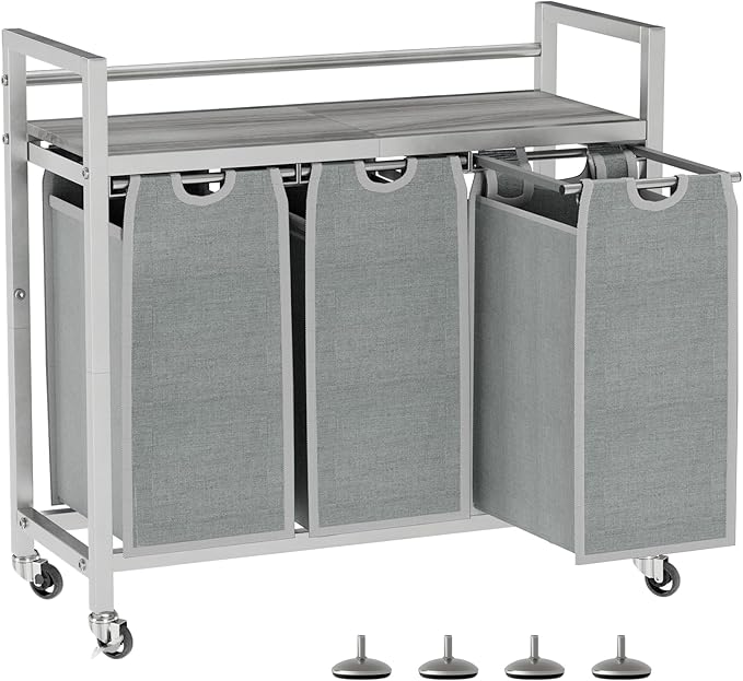 Laundry Hamper, Laundry Basket, Laundry Sorter with 3 Removable Bags, Clothes Basket with 3 Compartments, Wheels, Shelf for Laundry Room Bathroom Bedroom (3 Bags-Gray)