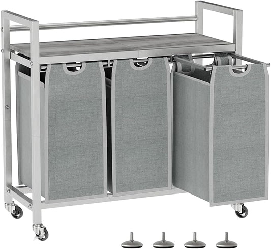 Laundry Hamper, Laundry Basket, Laundry Sorter with 3 Removable Bags, Clothes Basket with 3 Compartments, Wheels, Shelf for Laundry Room Bathroom Bedroom (3 Bags-Gray)