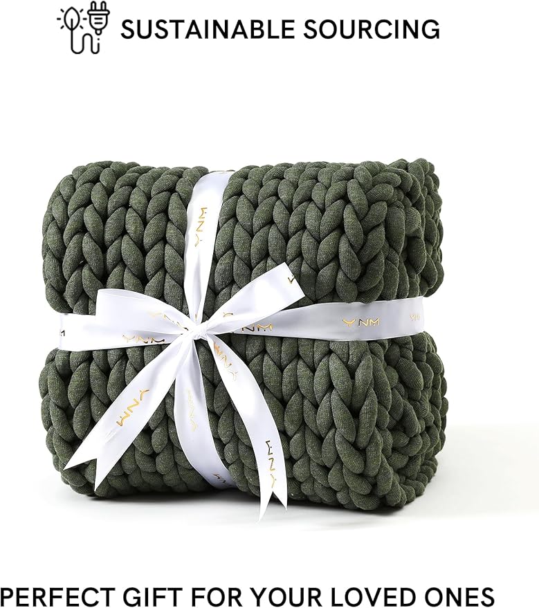 YnM Chunky Throw Blanket, Medium-Weight, Hand Knitted, Skin Friendly, Ventilated and Breathable, Machine Washable, Home Décor Piece for Couch, Sofa and Bed (Olive, 50x70 Inch)