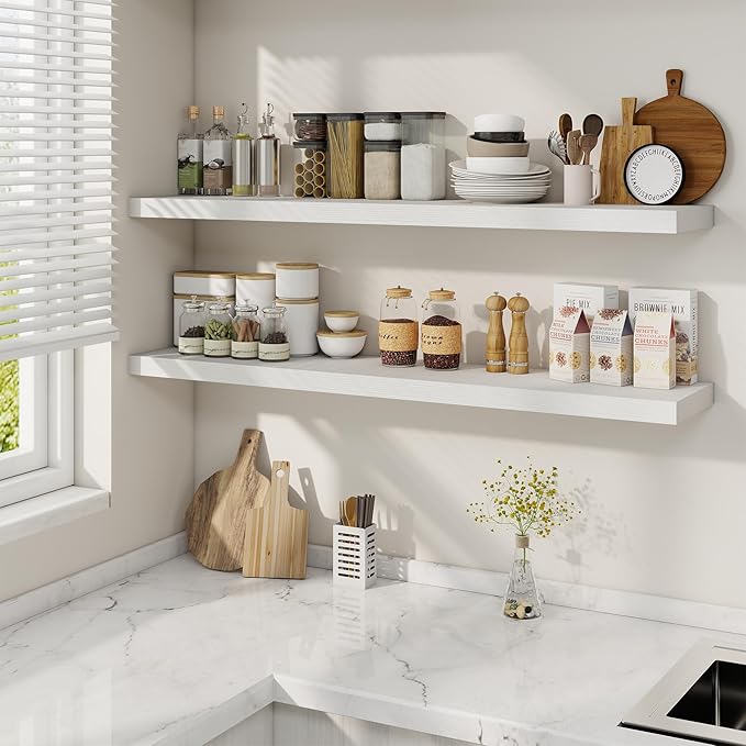 Fun Memories 48 Inch Deep Floating Shelves for Wall, 2 Pack of Long Wall Mounted Wood Shelves with Invisible Brackets for Bathroom, Bedroom, Living Room, Kitchen Decor and Storage, White