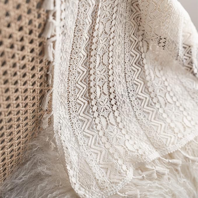 Sutuo Home Crochet Boho Curtain 96 Inches Length, Sheer Lace Handmade Tassels Knitted Window Treatment Vintage Rustic Bohemian Farmhouse Drape for Bedroom Rod Pocket 1 Panel 59" W x 96" L, Beige Wave