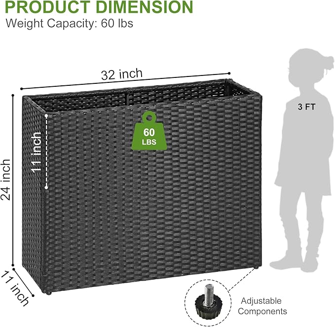 LEWIS&WAYNE Tall Planters for Outdoor Plants Handmade Wicker Large Rectangular Block Planter Box with Removable Liners Modern Planter for Indoor Outdoor Patio Deck - Black