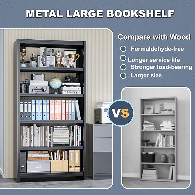 Bookshelf, 5 Shelf Bookcases, Tall Bookcase for Heavy Books, CDs, Movies, Garage Kit, Modern Display Shelf for Library Home Office Bderoom Living Room, Metal Bookshelves Industrial Black