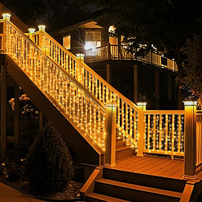 Eueasy Curtain-Lights Outdoor, 300 LED-Fairy Lights, Connectable15×3.3 FT with 8 Lighting Modes, for Balconies, Fences, Stairs Guardrails