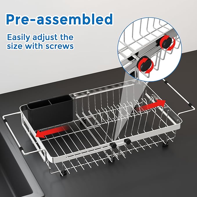 MAJALiS Expandable in Sink Dish Drying Rack - Adjustable Capacity (11.3''-17''L) Stainless Steel Over Sink Dish Drainers Rack for Kitchen Sink with Utensil Holder, Silver