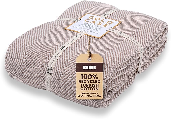 Gold Case Throw Blanket for Bed – 100% Recycled Turkish Cotton Bed Blanket – Decorative Throw Cotton Blankets for Living Room & Bedroom – Woven Twin Blankets - 71x90 - Elegant Beige