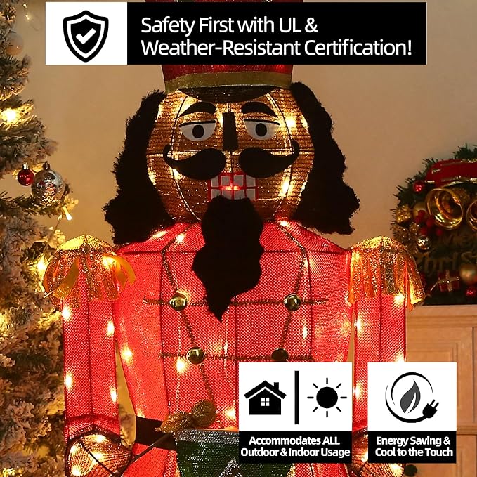 61Inch Nutcracker Christmas Decor Outdoor with LEDs 5 Feet Lighted Large Nutcracker Lighted Christmas Decorations Outdoor with Stakes & Zip Ties for Xmas Yard, Porch, Lawn