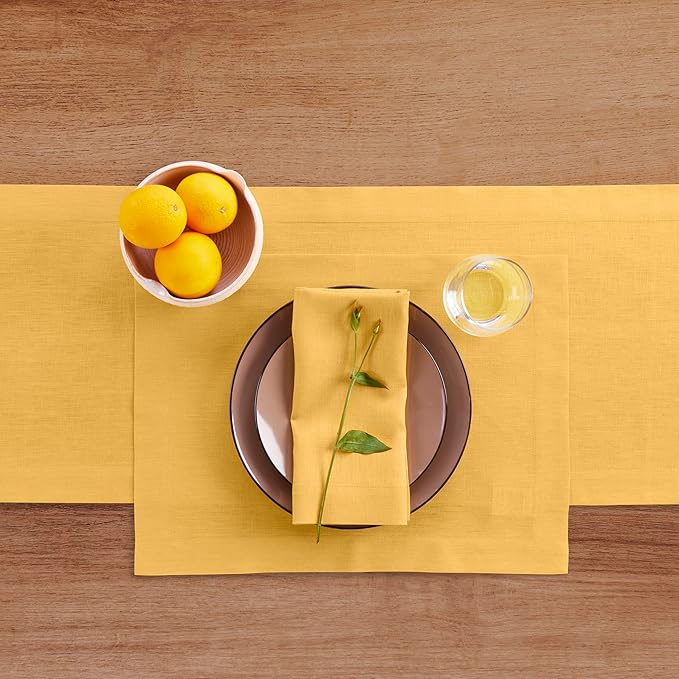 Solino Home Linen Mustard Yellow Table Runner 144 Inches Long - 100% Pure Linen Extra Long Table Runner 14 x 144 Inch - Fete