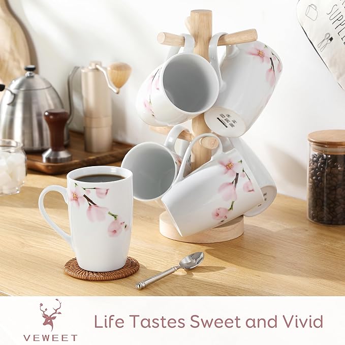 VEWEET Large Coffee Mugs Set of 6, 16 OZ Coffee Cups Set with Handle, Floral Mug Sets Ceramic Cup Set for Kitchen, Microwave& Dishwasher Safe, Series ANNIE